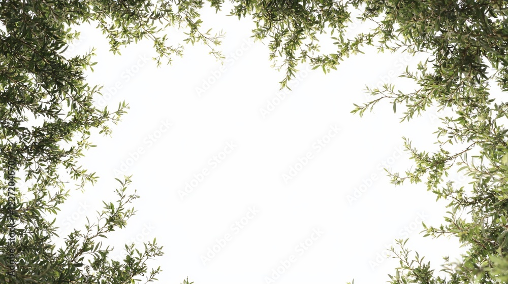 Fototapeta premium Lush foliage frame, overhead view, white background, nature design