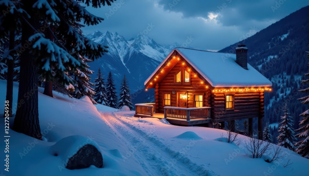 Fototapeta premium Twinkling Christmas lights adorn the exterior of a secluded mountain cabin, lights, christmas