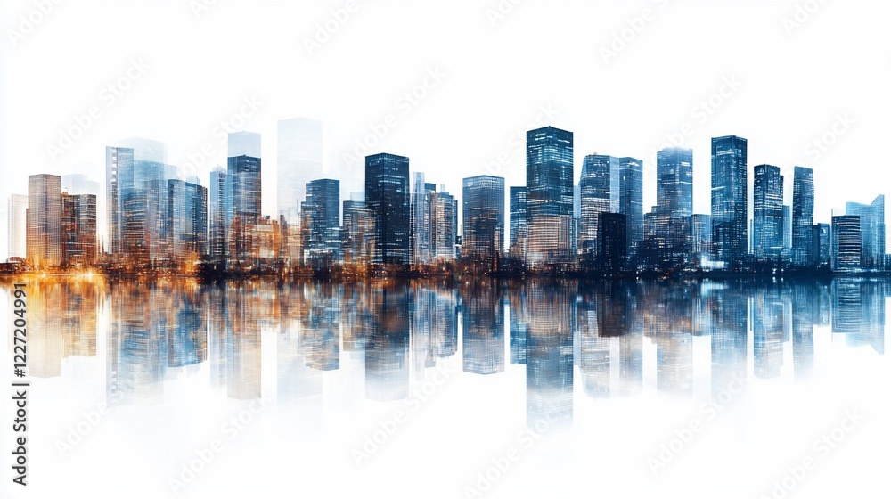 Fototapeta premium Cityscape reflection, urban panorama, night lights, waterfront, design