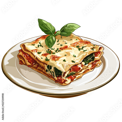 A plate with a piece of delicious beef lasagna with bechamel and mozzarella food vector illustration isolated on a white background