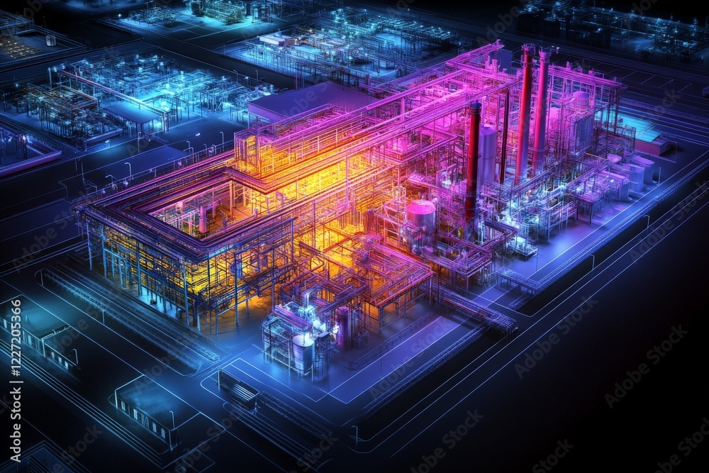 Obraz premium Industrial plant illuminated by vibrant colors at night showcasing intricate designs and complex structures