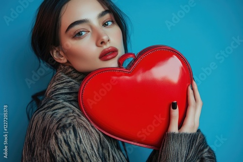 Young caucasian female holding red heart-shaped bag against blue background. Valentine's Day