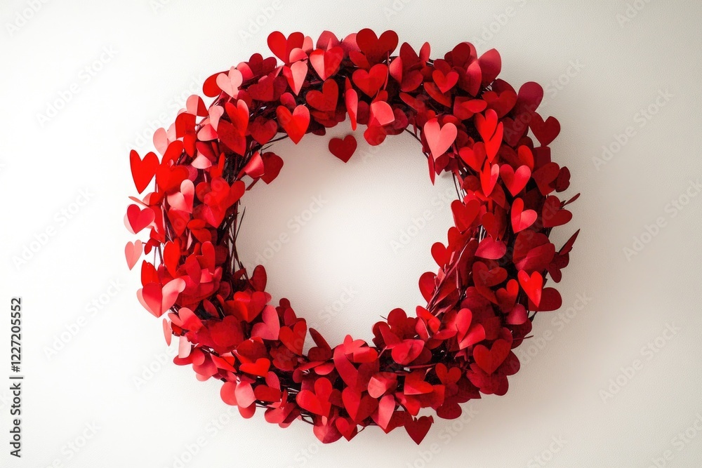 Obraz premium Red heart-shaped wreath on white background for valentine's day decor