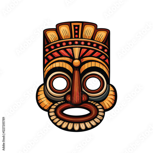 Illustrate a vibrant Aztec ceremonial mask featuring large, round, expressive eyes, intricate carvings, and symbolic feathers.