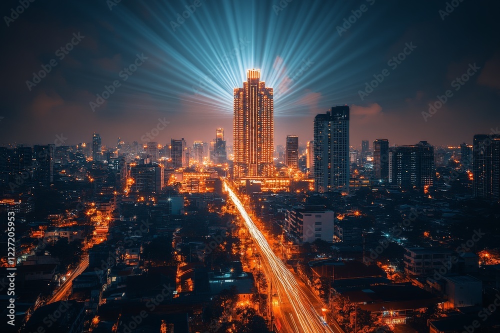 Fototapeta premium Vibrant city skyline at night with luminous lights and vibrant beams over tall buildings