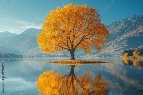 Within the serene waters of Lake Wanaka, New Zealand, a beautiful tree rises