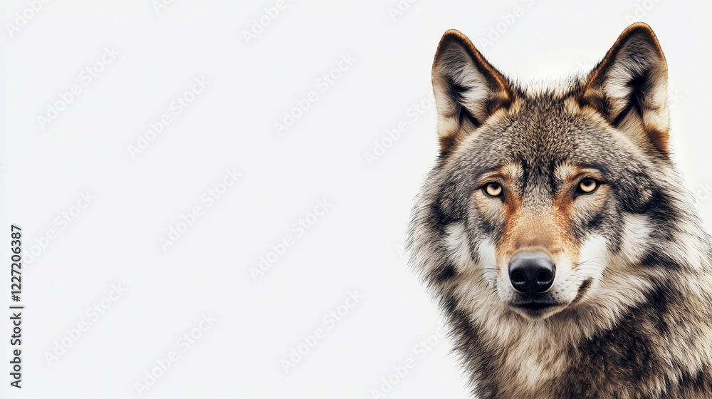 Fototapeta premium Majestic wolf portrait, snowy background, wildlife, nature, poster