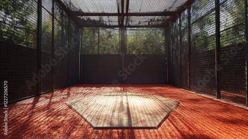 Home plate of a batting practice cage.