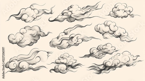 Vector illustration of Japanese cloud set. A cloud's movement in the sky is influenced by the wind. Decorate with Chinese ornaments or eastern ornaments. clouds in Chinese style. Eps 10.