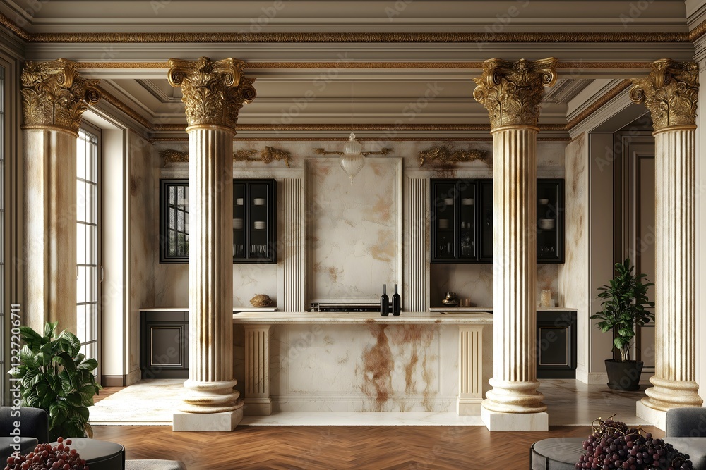 Obraz premium Opulent bar, drinking club lounge area. Marble columns with gold accents.
