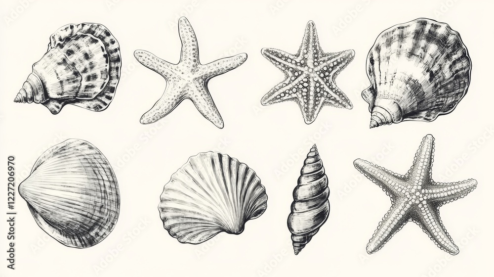 Hand drawn minimalist sea shell animals, starfish sketch doodle retro vintage style isolated on white. Restaurant menu design collection