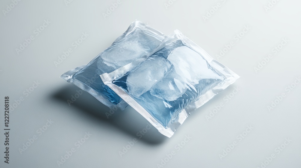 Obraz premium Two ice packs on light gray background. Cold accumulator. Chilling block. Cooler bottle for food and drink. Low temperature keeper. 3d render