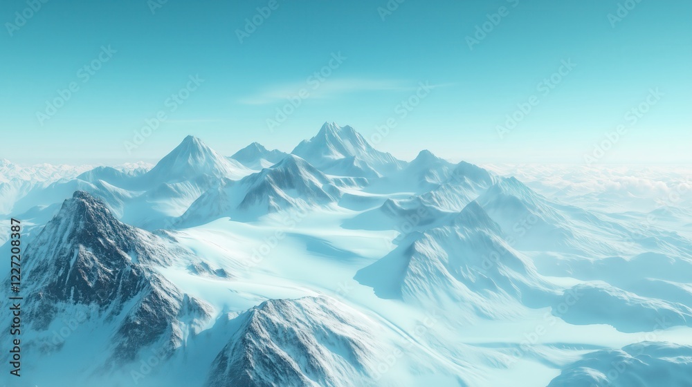Towering snowy mountain peaks rise above a vast glacier, their pristine white slopes glowing under a clear blue sky, creating the perfect winter adventure scene. Towering snowy mountain peaks rise above a vast glacier, their pristine white slopes glowing under a clear blue sky, creating the perfect winter adventure scene.