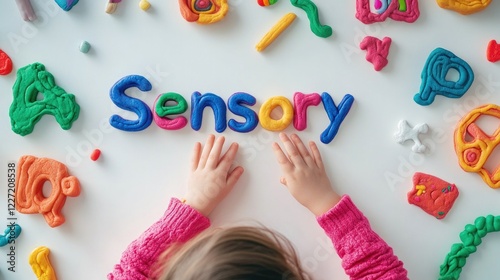 Child engages in colorful sensory play with clay letters on white background