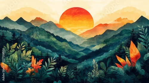 A serene mountain landscape with a vibrant sunset casting warm hues over lush forested hillsides and detailed leaves