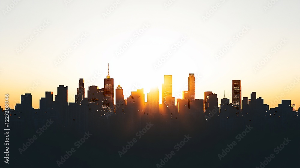 Naklejka premium Sunset cityscape skyline panorama, urban sunrise, golden hour, background, website header