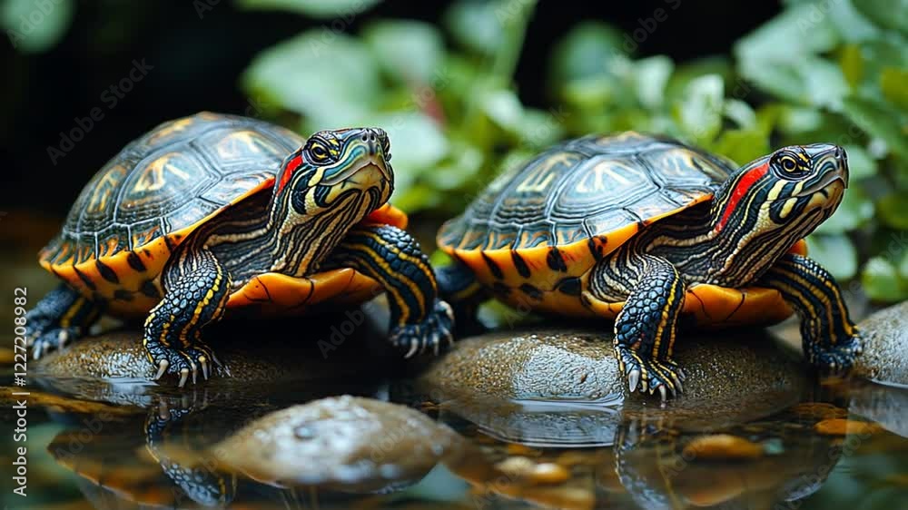 Two colorful turtles resting on rocks near water, surrounded by greenery. Two colorful turtles resting on rocks near water, surrounded by greenery.