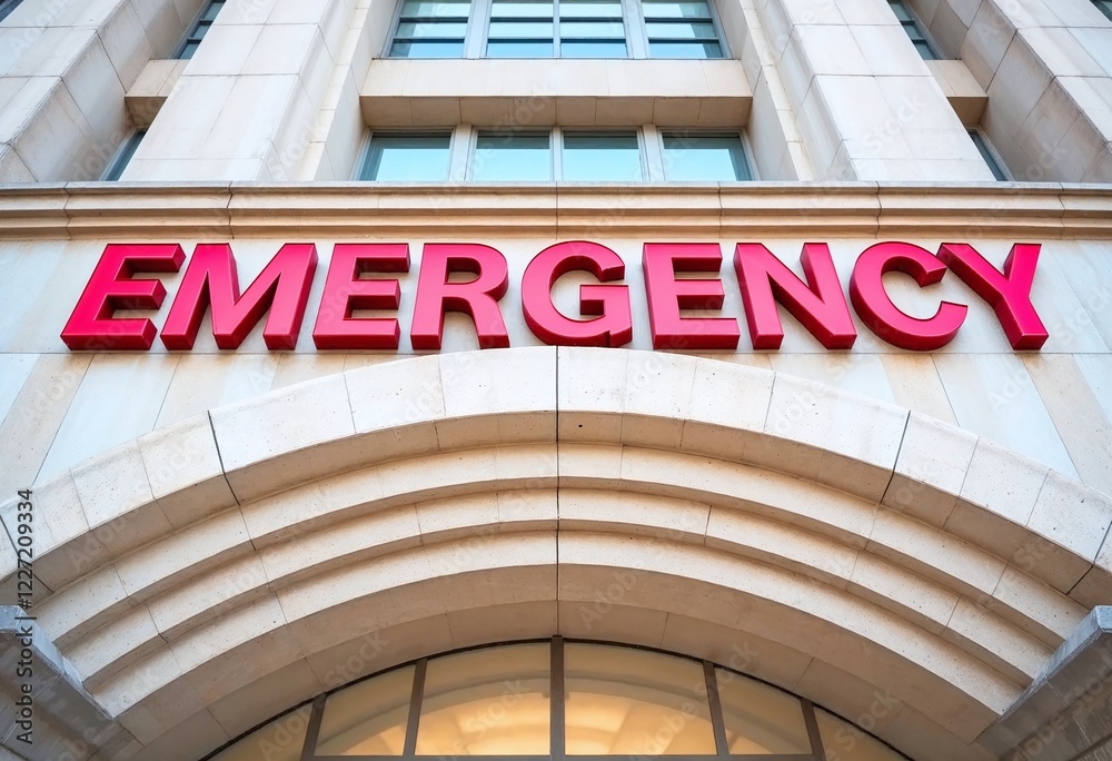 Bright red 'EMERGENCY' sign on the facade of a hospital building, conveying urgency and healthcare readiness. Bright red 'EMERGENCY' sign on the facade of a hospital building, conveying urgency and healthcare readiness.