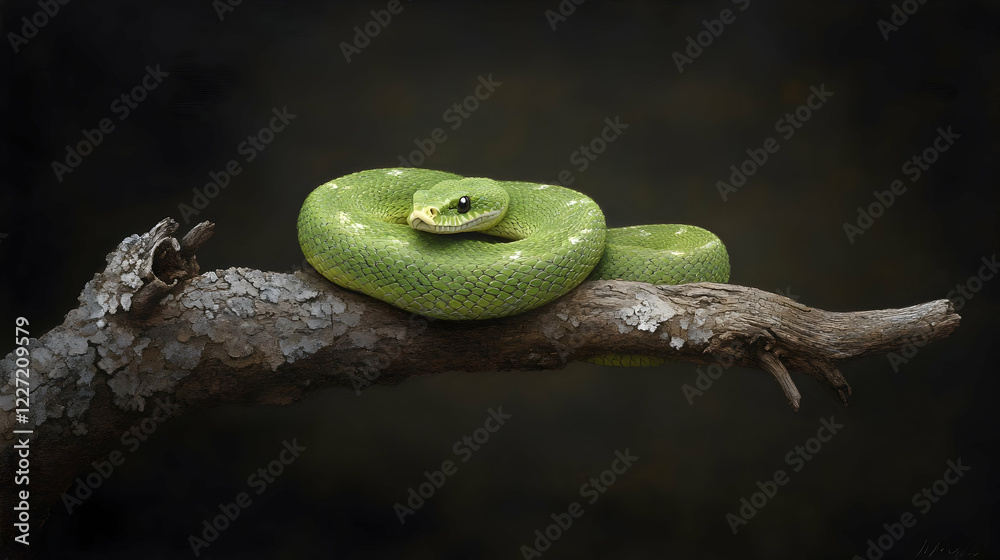 Bright Green Snake Coiled on a Natural Branch with a Dark Background in a Peaceful Setting Bright Green Snake Coiled on a Natural Branch with a Dark Background in a Peaceful Setting