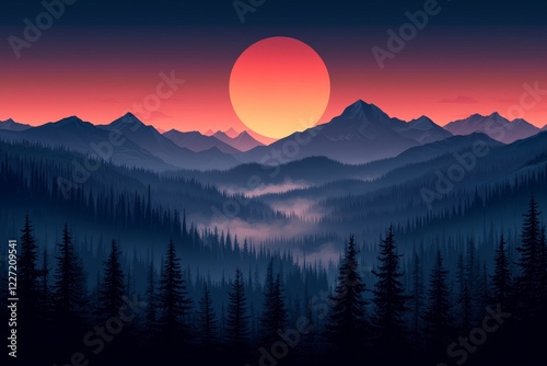 Gradient landscape nature background with mountains, sun, and trees