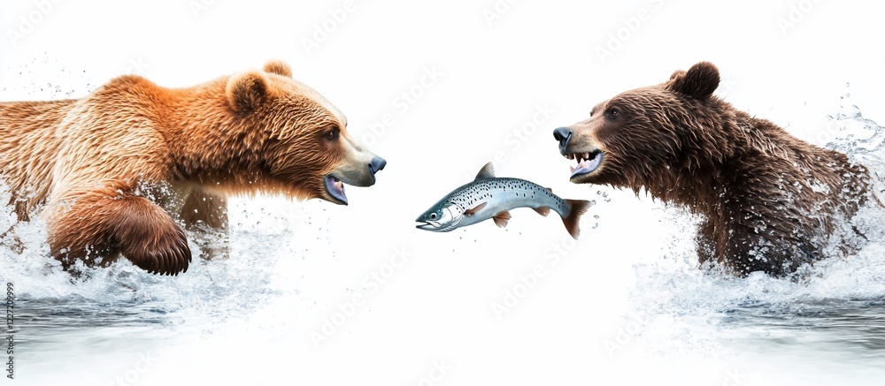 Obraz premium Two bears vying for salmon in river, white background, wildlife scene