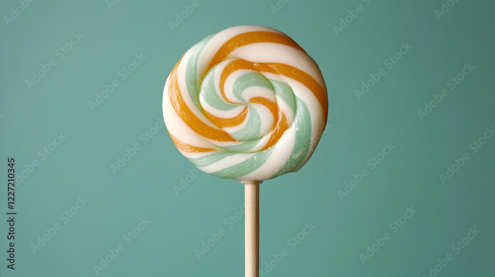 Colorful Swirl Lollipop on a Stick with Mint and Orange Stripe Design Against a Solid Background Colorful Swirl Lollipop on a Stick with Mint and Orange Stripe Design Against a Solid Background