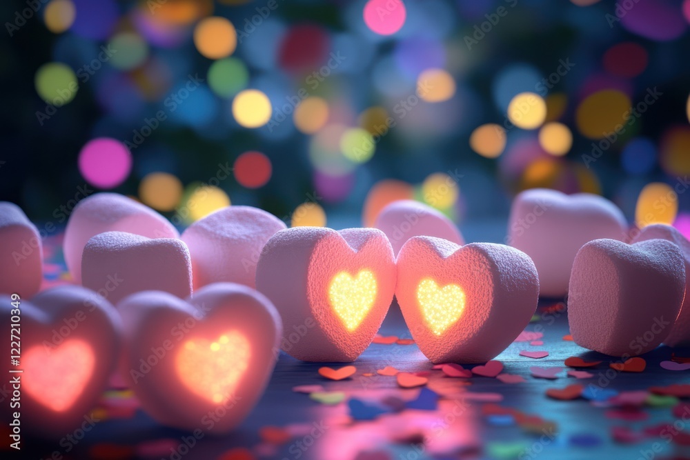 Fototapeta premium Glowing heart marshmallows, romantic bokeh, Valentine's Day, celebration