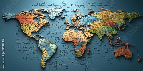 Multicolored Puzzle Map Displays Global Regions on Blue Background