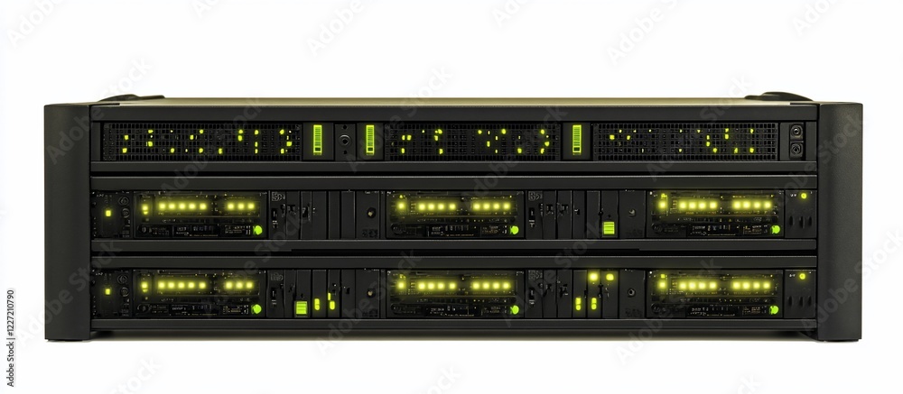 Studio Server Rack Three units, lights active, white background, audio/video production Studio Server Rack Three units, lights active, white background, audio/video production
