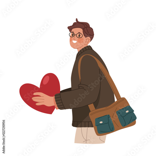 Young man holds heart in hand, vector image or clipart. Teenager with gift of heart as a sign of love. To give a valentine, confession of love. Valentines day greeting. Romantic mood or lovely vibe.