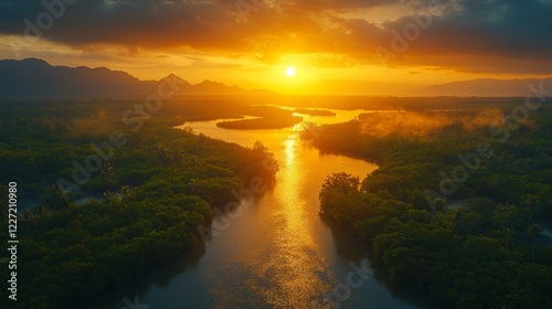 Panorama of Phang Nga Bay featuring mountains at sunset in Thailand