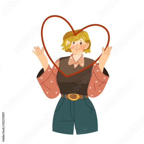 Woman with glass heart, vector image or clipart. Lady holds heart shape border in hands. Sign of confession of love, giving a valentine or Valentines day greeting. Sympathy or friendship heart symbol.