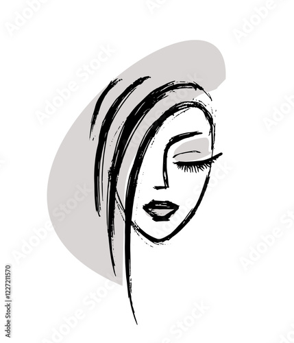 beautiful girl face - sketch hand drawing. logo for beauty salon. stylish hairstyle, makeup. icon for cosmetology and skin care
