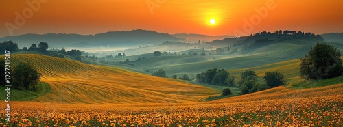 A breathtaking panoramic view of lush green hills adorned with spring flowers - AI Generated