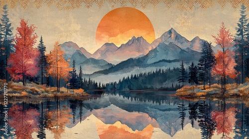 Summer landscape illustrated in color, depicting mountains and a serene lake