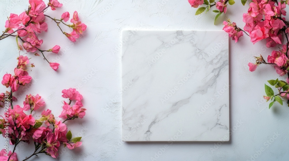 Fototapeta premium Elegant marble tile on white background with pink flowers
