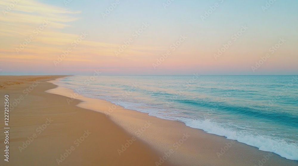 Serene sunset over calm ocean waves on sandy beach shoreline. Vacation, wallpaper Serene sunset over calm ocean waves on sandy beach shoreline. Vacation, wallpaper
