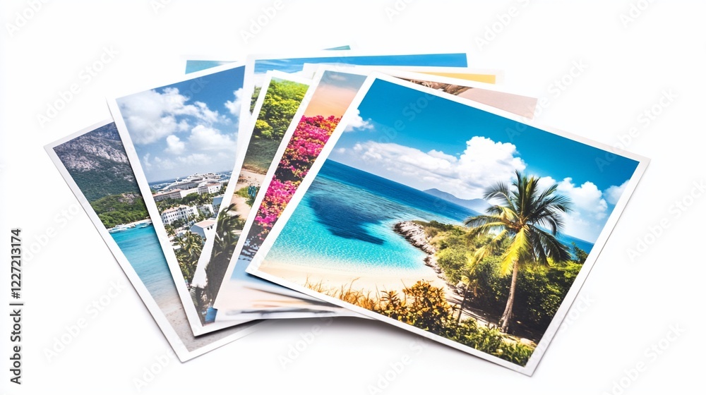 Fototapeta premium Tropical vacation photos displayed, showcasing beach, ocean, and island scenery; ideal for travel agency advertising