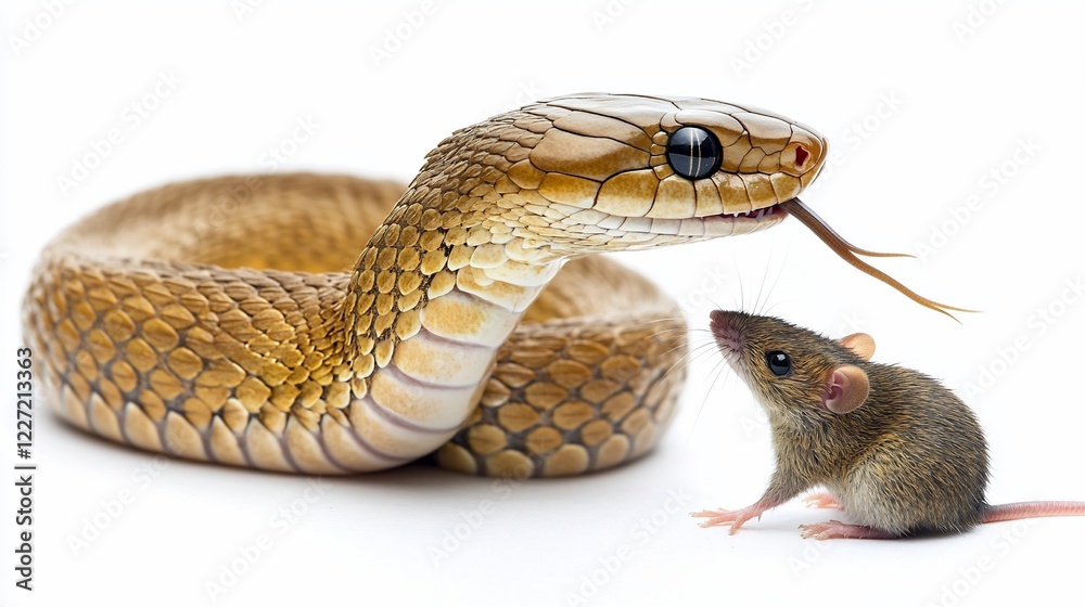 Fototapeta premium Snake hunting mouse, studio, white background, wildlife