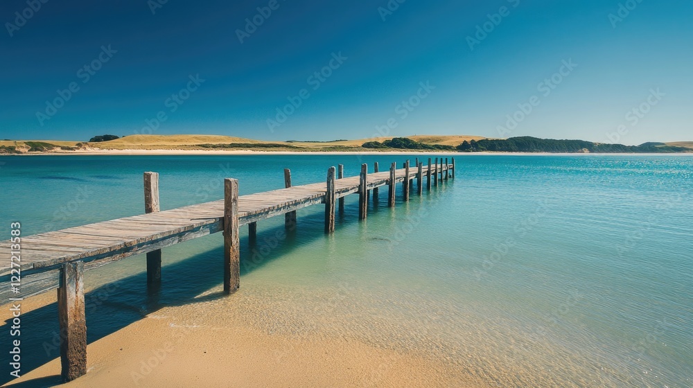 Serene wooden pier overlooking tranquil ocean with clear blue sky. Vacation, wallpaper Serene wooden pier overlooking tranquil ocean with clear blue sky. Vacation, wallpaper
