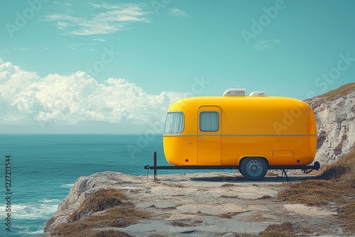 A retro yellow van sitting on a sandy beach, with a backdrop of a blue sea and a cloudy sunny sky, conveys the spirit of summer adventure photo