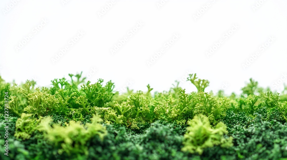 Fototapeta premium Green moss border, studio shot, white background, nature texture, design element
