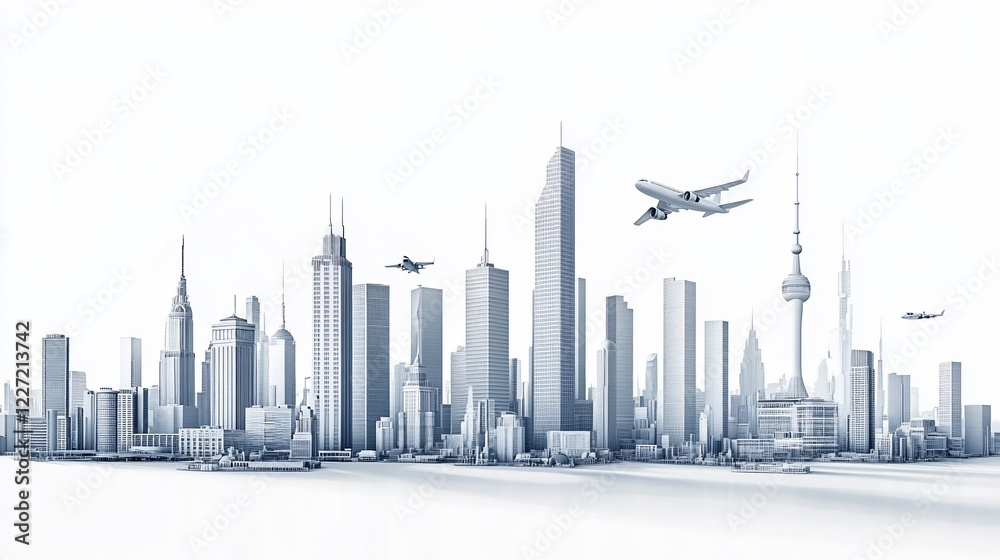 Obraz premium Airplane flying over modern city skyline; global travel concept