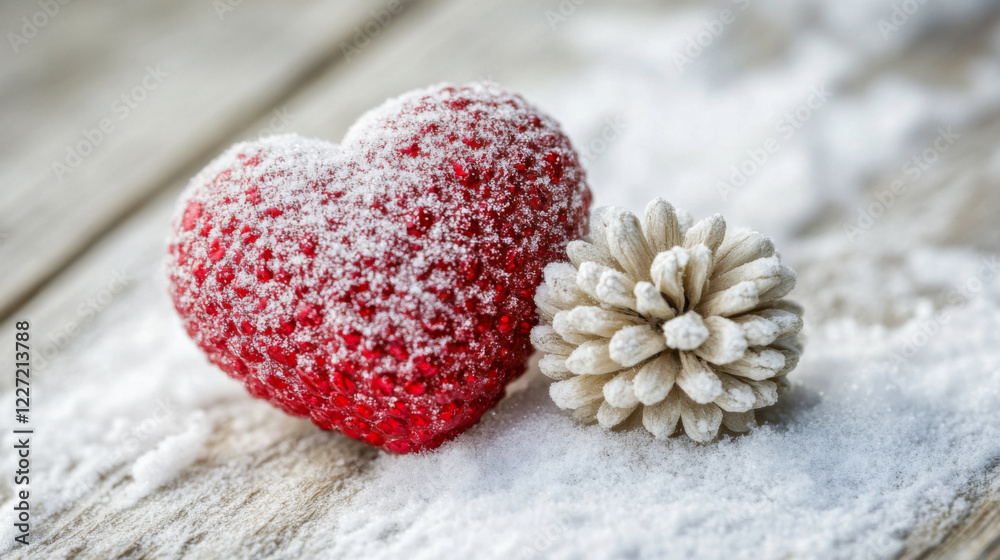 Fototapeta premium Heart shaped berry and pine cone on snowy wooden surface