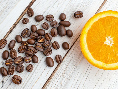 A vibrant close-up of roasted coffee beans scattered on a rustic white wooden surface, juxtaposed with a fresh orange slice