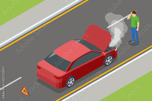Isometric Car crash, car breakdown. A red car with an open hood, emitting steam, stranded on the roadside. A warning triangle is placed behind, while the driver looks at the engine