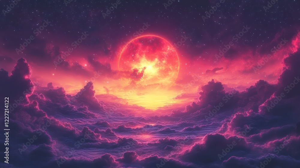 Naklejka premium Crimson Celestial Dreamscape: A Fantasy Landscape Under a Blood Moon