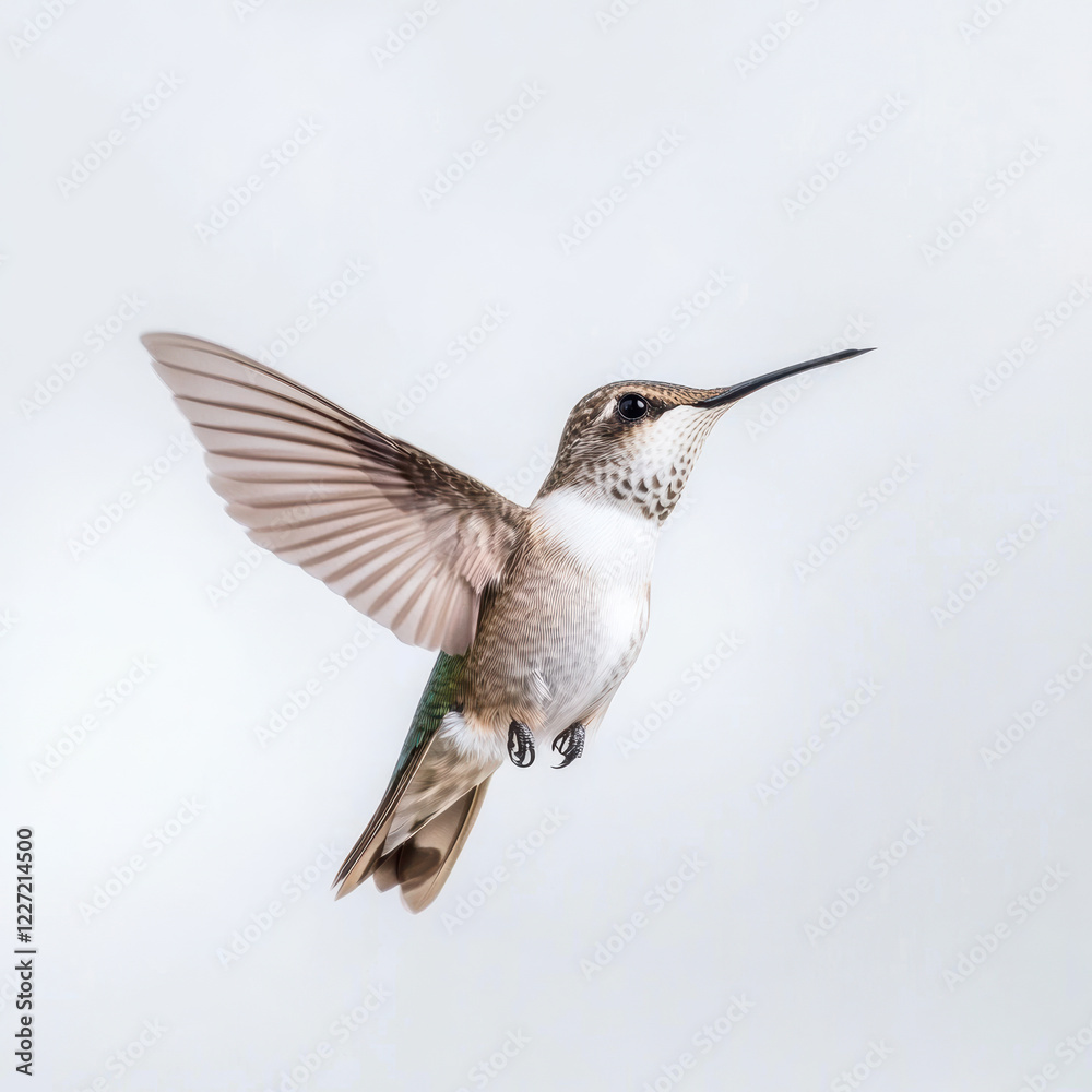 Obraz premium Hummingbird in flight against white background, delicate wings, nature beauty