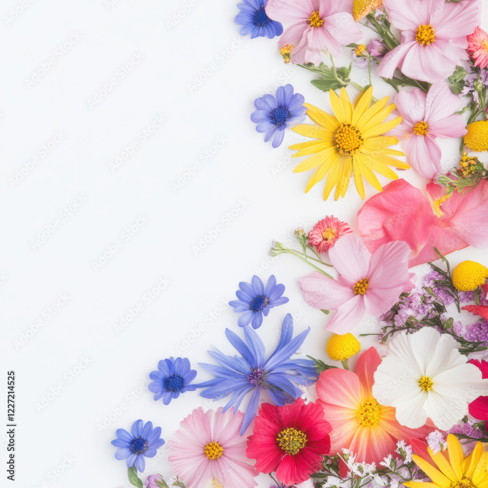 Naklejka premium Colorful Floral Arrangement on White Background, Variety of Summer Blooms, Vibrant Nature Display