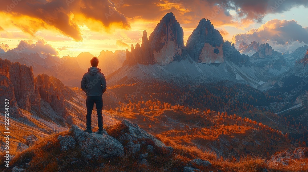Fototapeta premium A person stands atop a mountain at sunrise, bathed in the vibrant sun flare, amidst the captivating beauty of the Swiss, French, and Italian Alps. This scene embodies adventure and breathtaking